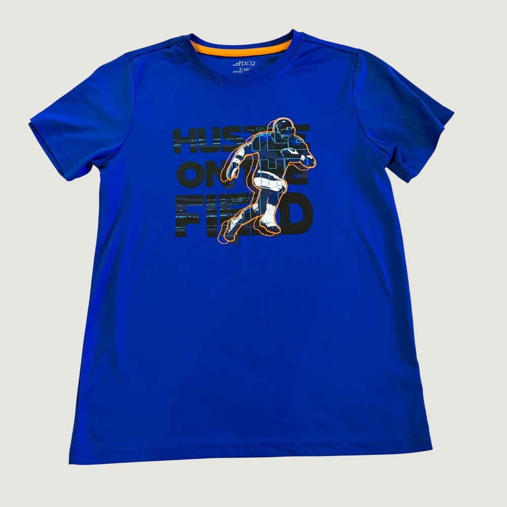 BCG Boys Graphic T-Shirt Blue Hustle On The Field Football Youth Large 14-16